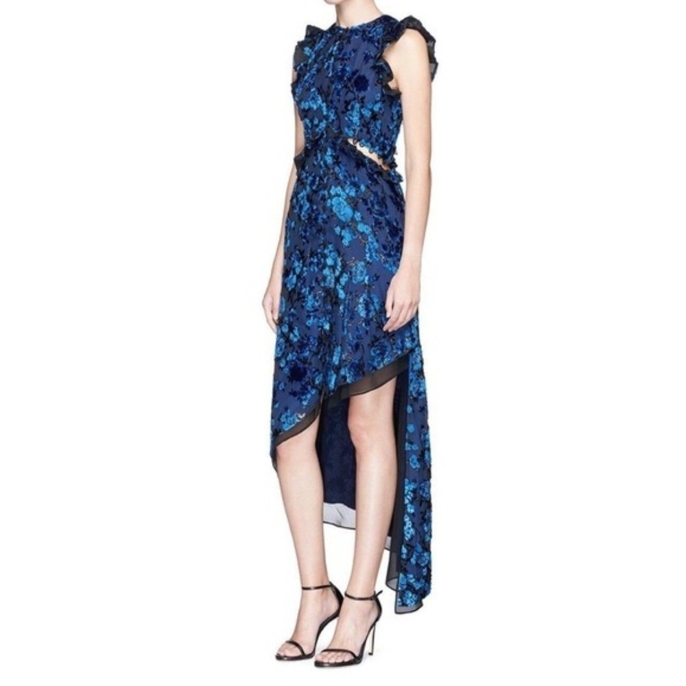 Self-Portrait Blue Velvet Burnout Floral Cutout Runway Dress Asymmetric Sz 8